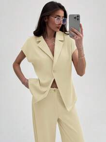 Aloruh Modern Lapel Short Sleeve Cinched Waist Metal Button Blazer + Long Straight Suit Pants In Fall/Winter - Yellow - View 6