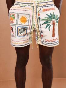 SUMWON Pantalones cortos de surf de playa de verano con estampado tropical hawaiano de palmeras, diseño de vacaciones y resort, con cordón, estilo casual de tablas, para usar en la piscina y fiestas