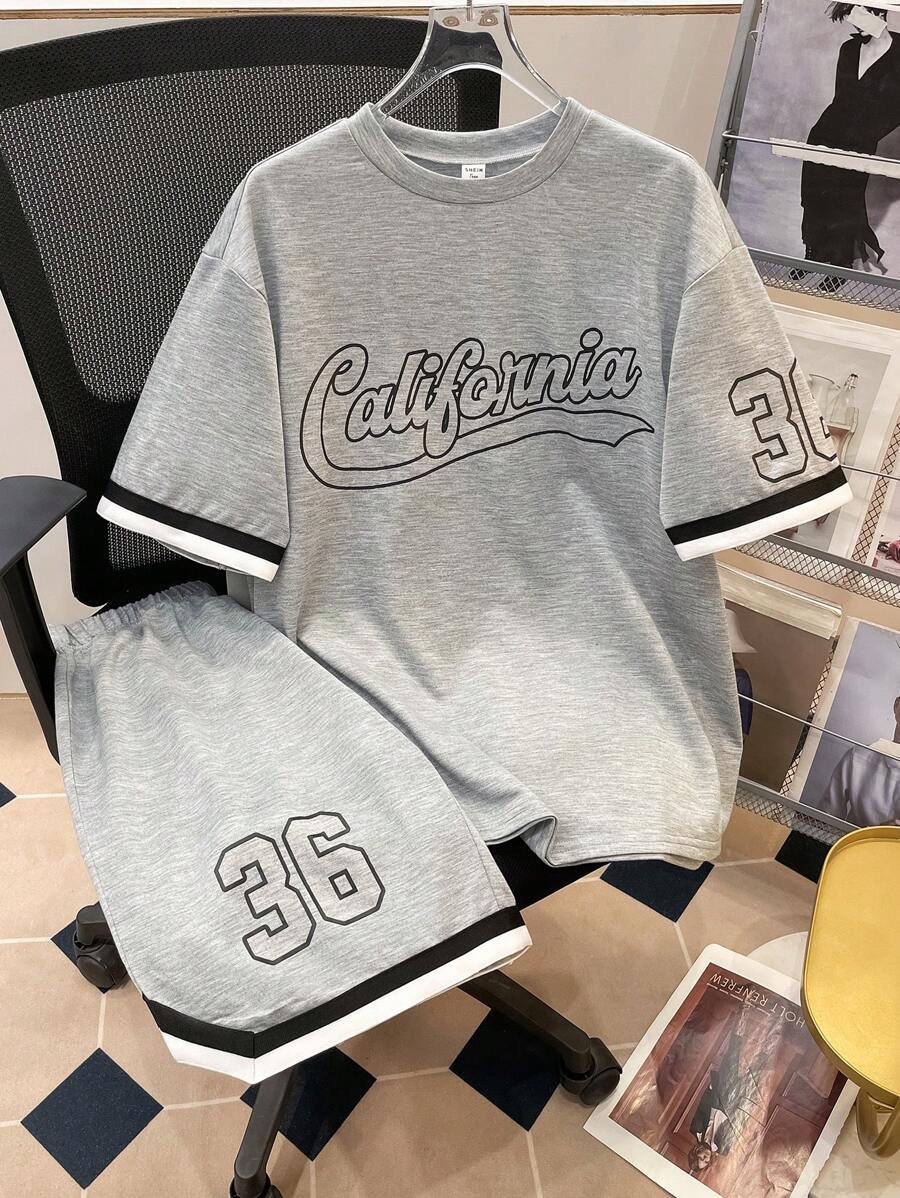 SHEIN Bộ đồ thể thao cho bé trai tuổi teen, gồm áo tay ngắn và quần short, kiểu dáng rộng rãi, thoải mái, đa năng, họa tiết in và ruy băng phối màu tương phản, phù hợp mặc hàng ngày, đi học, du lịch, thể thao và trang phục mùa xuân hè. - Xám - Xem 1