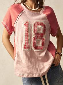 Bohemela 女式夏季波西米亚风格宽松针织纯色圆领短袖T恤，带数字刺绣