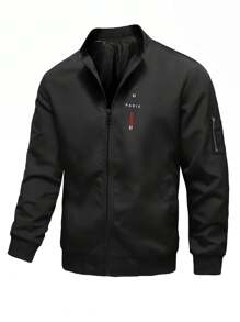 Manfinity Homme 男士字母印花长袖拉链休闲户外风衣棒球夹克，秋季 - 黑色 - 查看 2