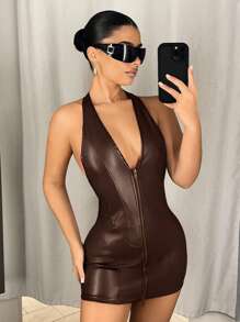 SHEIN ICON Đầm ôm body mini da PU cổ chữ V sâu có khóa kéo phía trước - màu nâu - Xem 6