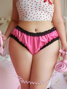 PetitDoll Lencería de talla grande Y2K con patchwork de piel sintética, abertura en la entrepierna, lazo decorativo y combinación de colores en contraste - Rosa - Ver 5