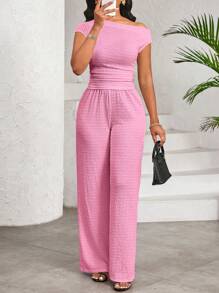 SHEIN Lady 白色弹力纹理不对称领上衣和阔腿裤配松紧腰带裤子女两件套休闲日常优雅四季皆宜