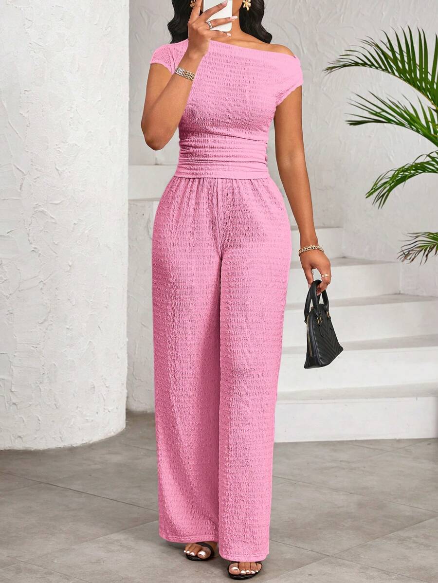 SHEIN Lady 白色弹力纹理不对称领上衣和阔腿裤配松紧腰带裤子女两件套休闲日常优雅四季皆宜