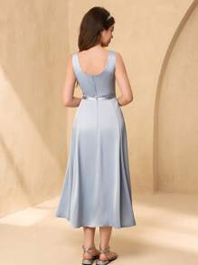 SHEIN 少女四季优雅婚礼花童礼服、伴娘闪亮缎面无袖连衣裙、奢华高低下摆公主裙 - 淺藍色 - 查看 2