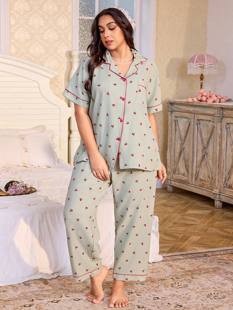 CottageSlumber Plus Size Women Cherry Print Loose Comfortable Top & Pants Pajama Set, Suitable For Spring And Autumn, Cozy And Elegant Details, Fall Winter Clothes - Green - View 1