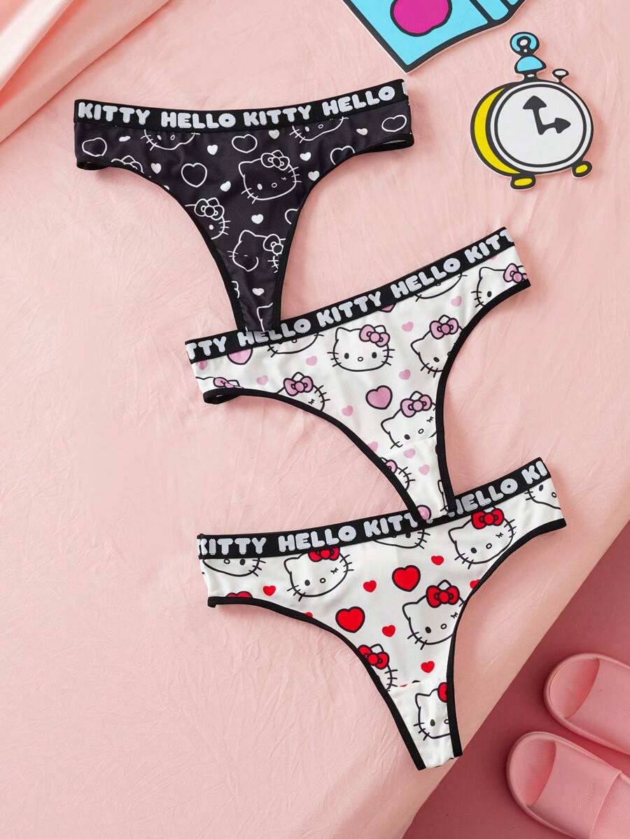 HELLO KITTY AND FRIENDS | SHEIN Quần lót lọt khe in chữ và hình mèo hoạt hình dễ thương thoải mái cho nữ - Đen và trắng - Xem 1
