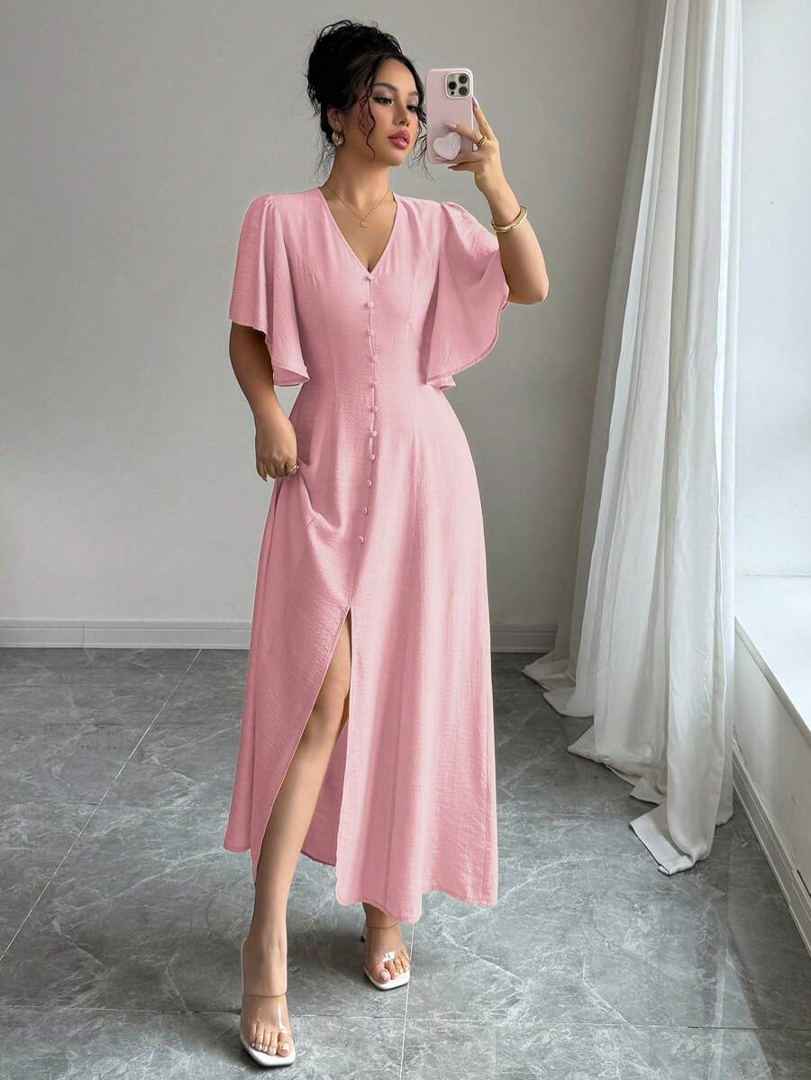 Elenzga Women's Simple Solid V-Neck Cinched Waist A-Line Split Hem Flare Sleeve Dress, Elegant French Style For Casual, Afternoon Tea Party, Vacation, Commute