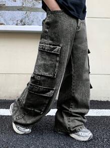 SHEIN Tween Boy Fashion Casual Y2k Black Denim Multi-Cargo Pockets Design Loose And Comfortable Black Jeans For Boy Soft Dailywear And The Four Seasonsr Kids Clothes - Black - View 3