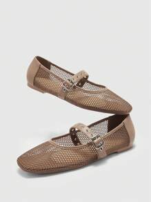 CUCCOO BIZCHIC Women's Brown Grid & PU Mixed Color Patchwork Square Toe 1cm Chunky Heel Casual Flats