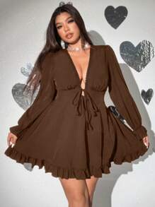 Viva Relle Plus Size Sexy Deep V-Neck Tie Front Ruffle Trim Dress,Valentine - Brown - View 4