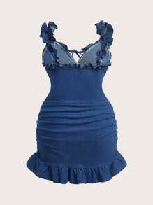 SHEIN EZwear 女式加大码夏季时尚荷叶边下摆紧身牛仔连衣裙 Y2K 蝴蝶结弹力紧身浪漫时尚牛仔连衣裙 - 藍色 - 查看 2