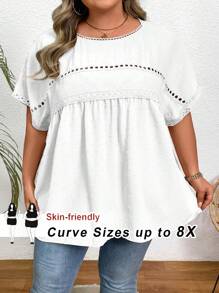 SHEIN CURVE+ 大码瑞士圆点撞色蕾丝蝙蝠袖上衣女士沙滩装/沙滩裙/沙滩度假装/沙滩必备品/毕业/茶会礼服