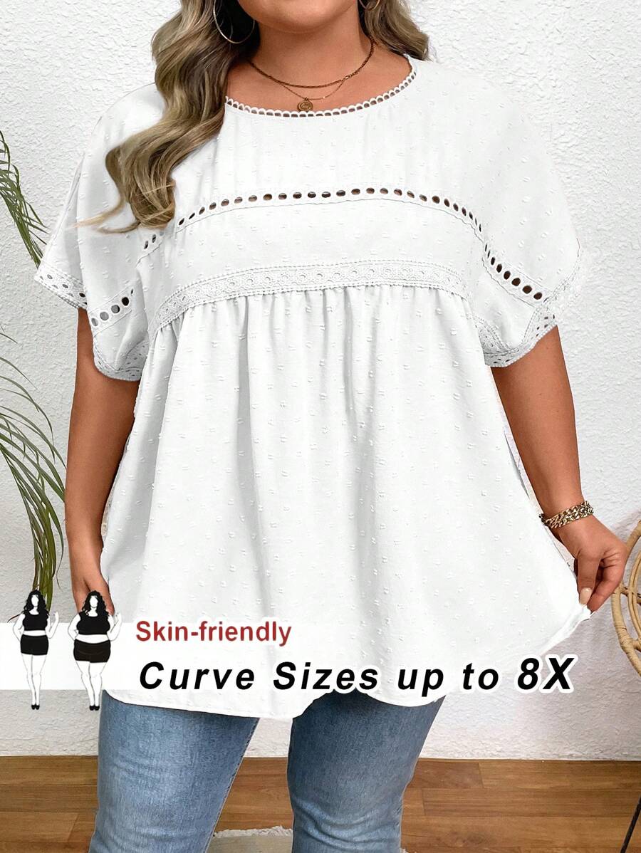 SHEIN CURVE+ 大码瑞士圆点撞色蕾丝蝙蝠袖上衣女士沙滩装/沙滩裙/沙滩度假装/沙滩必备品/毕业/茶会礼服