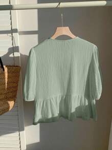 Comfortcana 亚麻雪纺圆领泡泡袖系带女式衬衫