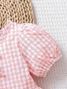 SHEIN Baby Girls Pink Plaid Puff Sleeve Short Sleeve Top, Summer - Pink - View 7