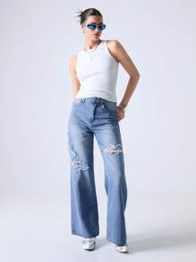 SHEIN EZwear 水洗牛仔蓝高腰破洞阔腿牛仔裤 - 淺色水洗藍 - 查看 4