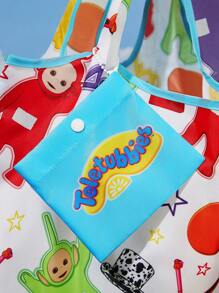Teletubbies X SHEIN Sac fourre-tout pliable imprimé avec les personnages mignons de dessins animés Tinky Winky, Dipsy, Laa-Laa, Po, avec un mini-sac détachable sur une chaîne