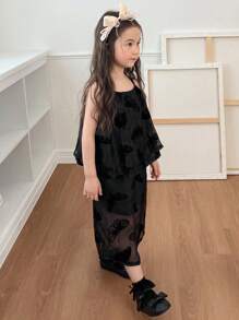 DAZY Ensemble camisole noire élégante de style chinois en jacquard et jupe fendue pour jeune fille, été - Noir - Voir 5