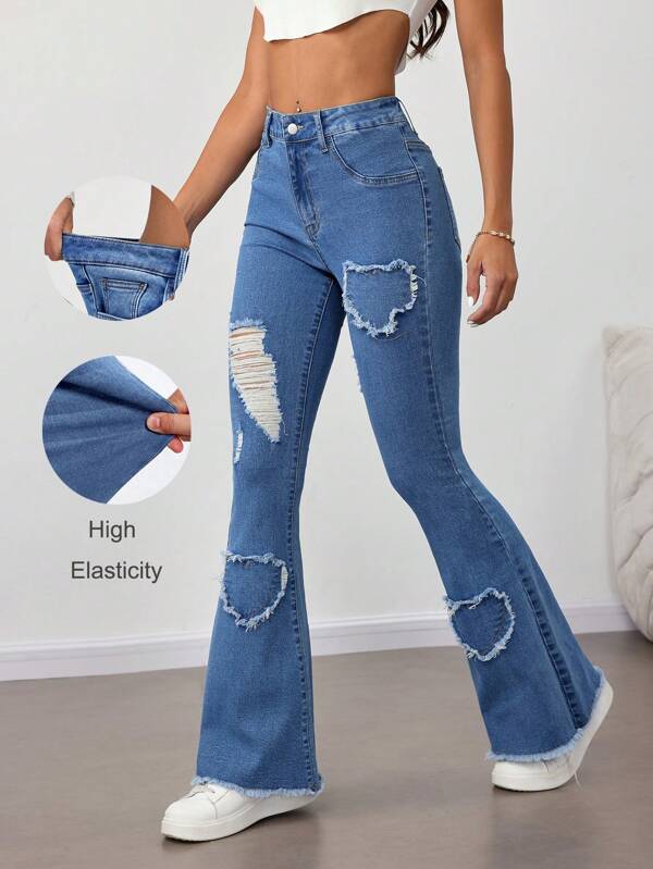 SHEIN Tall Blugi evazați, casual, elastici, rupți, cu piciorușe, albaștri, cu talie înaltă, brodați cu model de inimă, pantaloni evazați skinny, pantaloni înalți, blugi tip bootcut, blugi tip bootcut, blugi pentru femei, blugi evazați, haine înalte pentru femei, blugi cu piciorușe, croială evazată, denim