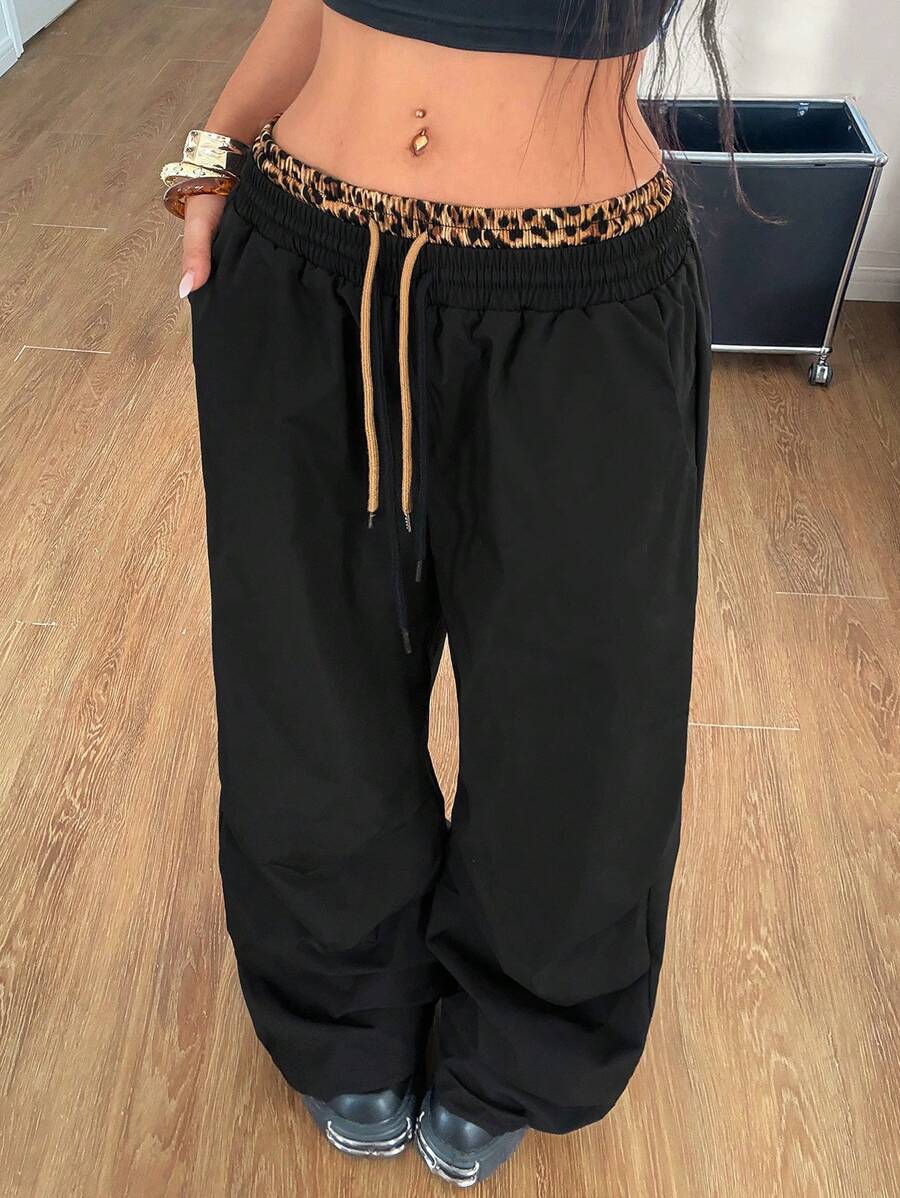 Coolane Quần dù cạp trễ phối màu họa tiết da báo thể thao Y2K dành cho lễ hội mùa hè dành cho phụ nữ - màu đen - Xem 1