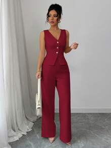 Elenzga 女士优雅无袖背心和裤子套装，商务/通勤风格，夏季 - 酒紅色 - 查看 4