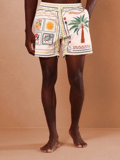 SUMWON Summer Beach Surf Board Shorts Hawaiian Tropical Print Palm Tree Design Vacation Resort Drawstring Casual Board Style Swimming Trunks Pool Party Wear