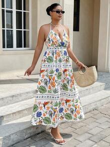 Flirla 大码 V 领露背系腰连衣裙，浪漫优雅花卉印花度假装 - 綠色 - 查看 3