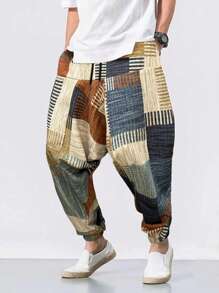 Genlund Men's Casual Loose Plaid Patchwork Harem Pants, Fashionable Hip Hop Style, Fall - Multicolor - View 1