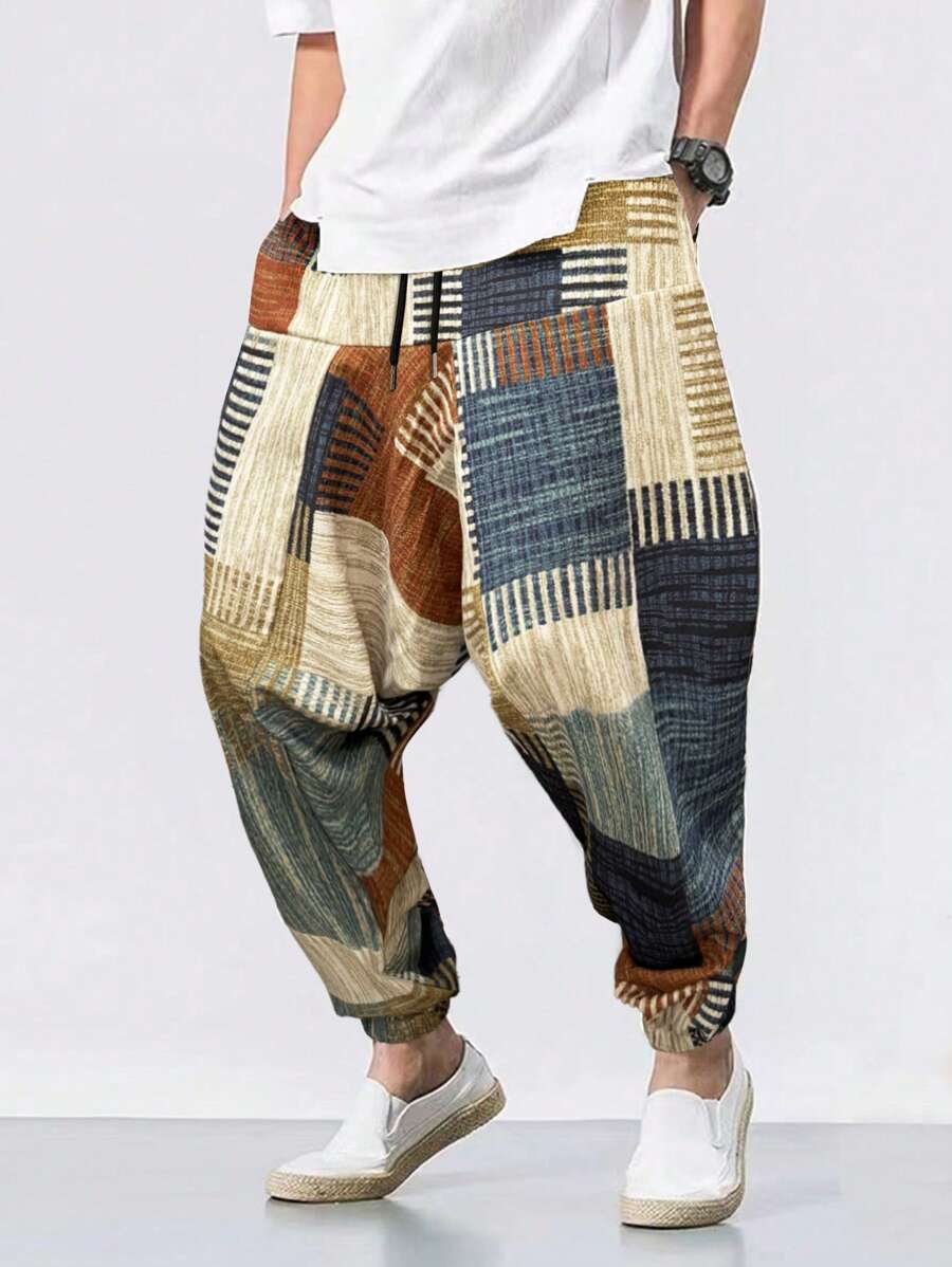 Genlund Men's Casual Loose Plaid Patchwork Harem Pants, Fashionable Hip Hop Style, Fall - Multicolor - View 1