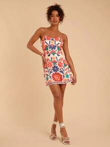 Travachic Women's Boho Strapless Mini Dress With Vibrant Floral Print And Zipper Detail - Multicolor - View 7