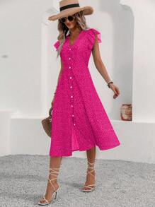 Breezaya Vestido corto de manga corta con cuello solapa y estampado de lunares, ideal para vacaciones