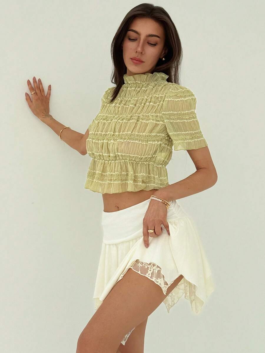 Aloruh Váy Mini Sexy Màu Trơn Có Viền Xếp Ly Bất Đối Xứng & Thiết Kế Ren Hai Lớp, Eo Thấp - trắng - Xem 1