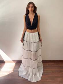 SHEIN EZwear Falda elegante con pliegues y lazo en la cintura para mujeres - Beis - Ver 1