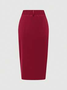 SHEIN Clasi Women's Basic Commute V-Neck Front & Middle Split Design Knee-Length Pencil Skirt, Maroon - Burgundy - View 2