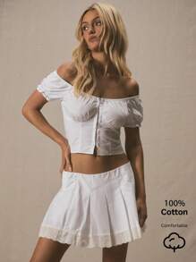 MUSERA Off Shoulder Ruched Bust Hook And Eye Frill Sleeve Cotton Poplin Top Only Spring Summer Cute Vacation 90's Elegant - White - View 1