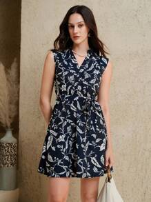 SHEIN Unity Women's Casual Resort Style Retro Elegant Design Cinched Waist Cinched Waist Midi Dress, For Daily & Vacation Wear - Navy Blue - View 1