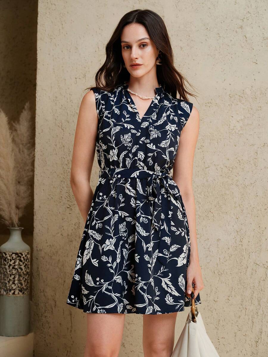 SHEIN Unity Women's Casual Resort Style Retro Elegant Design Cinched Waist Cinched Waist Midi Dress, For Daily & Vacation Wear - Navy Blue - View 1