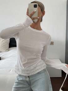 DAZY 1 件女式褶皱荷叶边修身长袖休闲夏季上衣 T 恤 - 白色 - 查看 1