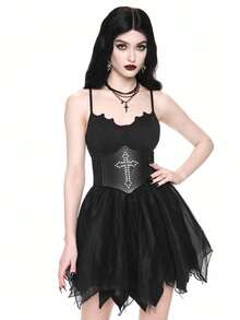 ROMWE Goth 哥特式性感派对连衣裙，后背交叉肩带，蝙蝠形网眼下摆，万圣节 - 黑色 - 查看 7