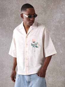 SUMWON Designer Embroidered Rose Short Sleeve Button Up Shirt Linen Feel Feel Look Resort Beach Vacation Wedding Guest Summer Spring Casual Evening Wear - Beige - View 6