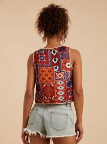 Travachic Áo khoác mỏng không tay buộc dây phía trước họa tiết hoa dành cho nữ, trang phục đi nghỉ, phong cách Old Money, Ngày của Mẹ vào mùa thu/đông - Nhiều màu - Xem 3