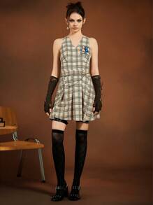 HARRY POTTER X SHEIN Women's Casual Plaid Short Dress With V Neck And Ruffle Hem Detail