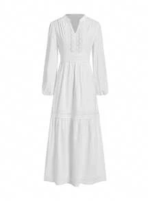 Ellevyn 女式编织提花纹理V领荷叶边下摆蕾丝花边夏季连衣裙 - 白色 - 查看 4