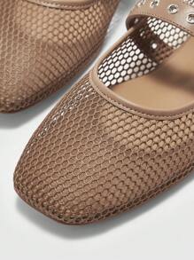 CUCCOO BIZCHIC Women's Brown Grid & PU Mixed Color Patchwork Square Toe 1cm Chunky Heel Casual Flats