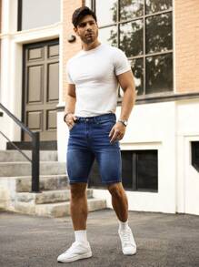 Manfinity Homme Pantaloni scurți din denim pentru bărbați, casual, spălați, cu buzunare oblice, croială slim, de vară - Spălare medie - Vizualizare 4