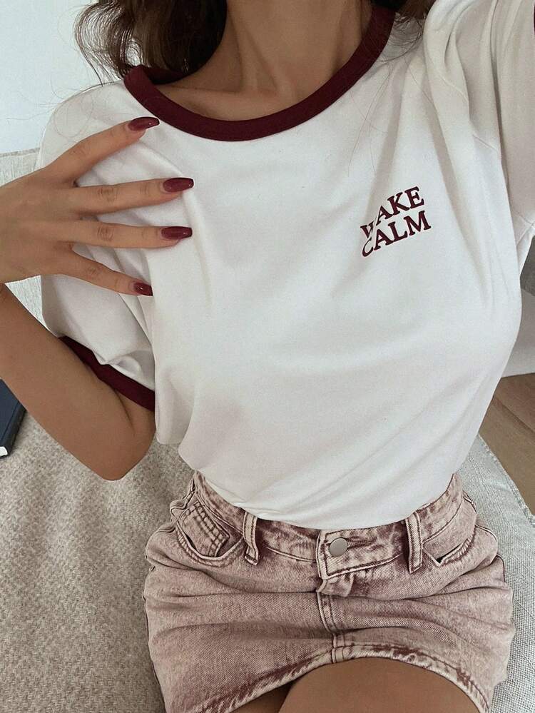 Contrast Color Block Letter Print Round Neck 2 In 1 Short Sleeve T-Shirt For Women