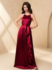 SHEIN High-End Flower Girl Halter Neck Satin Layered Ruffle Hem A-Line Long Formal Dress, Suitable For Weddings, Galas, Birthdays, Prom, Performances - Burgundy - View 3