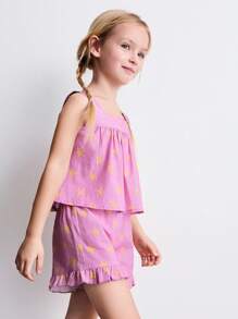 SHEIN Leap Crew Young Girls Star Print Ruffle Hem Tank Top And Star Shorts Set - Multicolor - View 6